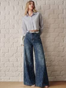 Anewsta Essential Fashionable New Street Style Women's Blue Denim Wide Leg Pants - Blue - View 6