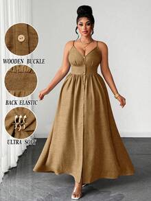Maweii Women's Plus Size Elegant Textured Woven Fabric Spaghetti Strap Shirred Design Back Smocked Elastic Band Wooden Button Decor Waist-Defining Design Front Slit Design Extra Full Skirt Women's Plus Size New Style Vacation Concert Beach Seaside Fashion Versatile Outing Party Gathering Night Date Valentine's Day Romantic Date Fashion Item Spaghetti Strap Maxi Dress - Khaki - View 2