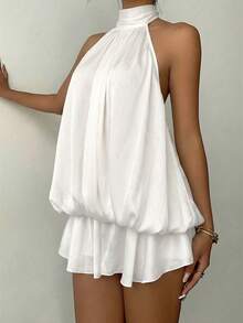 Vestido mini elegante de mujer con cuello halter y lazo en color amarillo claro - Gris - Ver 3