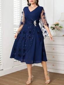 Reflora Plus Size Elegant Party Dress With 3D Floral Decoration Fall - Navy Blue - View 5