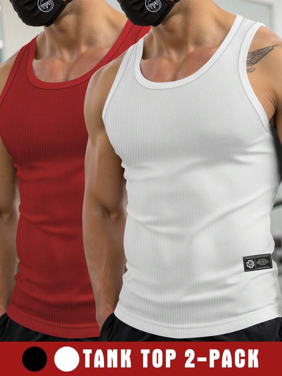 Manfinity Dauomo Tank Top Kasual Bergaris Leher Bulat dengan Motif Huruf untuk Pria - MultiWarna - View 1