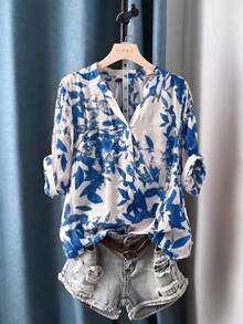 Franclia 女款V領花卉印花休閒百搭日常出遊襯衫 - 藍色 - 查看 1