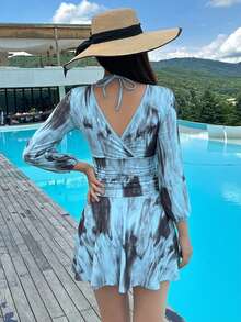 Traje de baño de una pieza con cuello halter sólido, transparente para el verano, conjunto de ropa de playa para vacaciones de mujer - Celeste - Ver 5