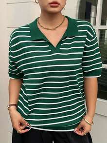 Dazy Plus Top de punto de manga corta con cuello polo, patchwork de bloques de color, divertido y casual, talla grande para mujer, primavera/verano - Verde Oscuro - Ver 7
