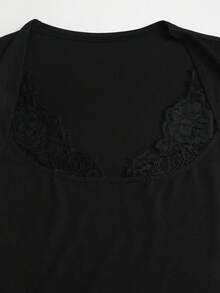 Sweetra Women's Elegant Premium Charming Spliced Lace & Short Black T-Shirt - Black - View 4