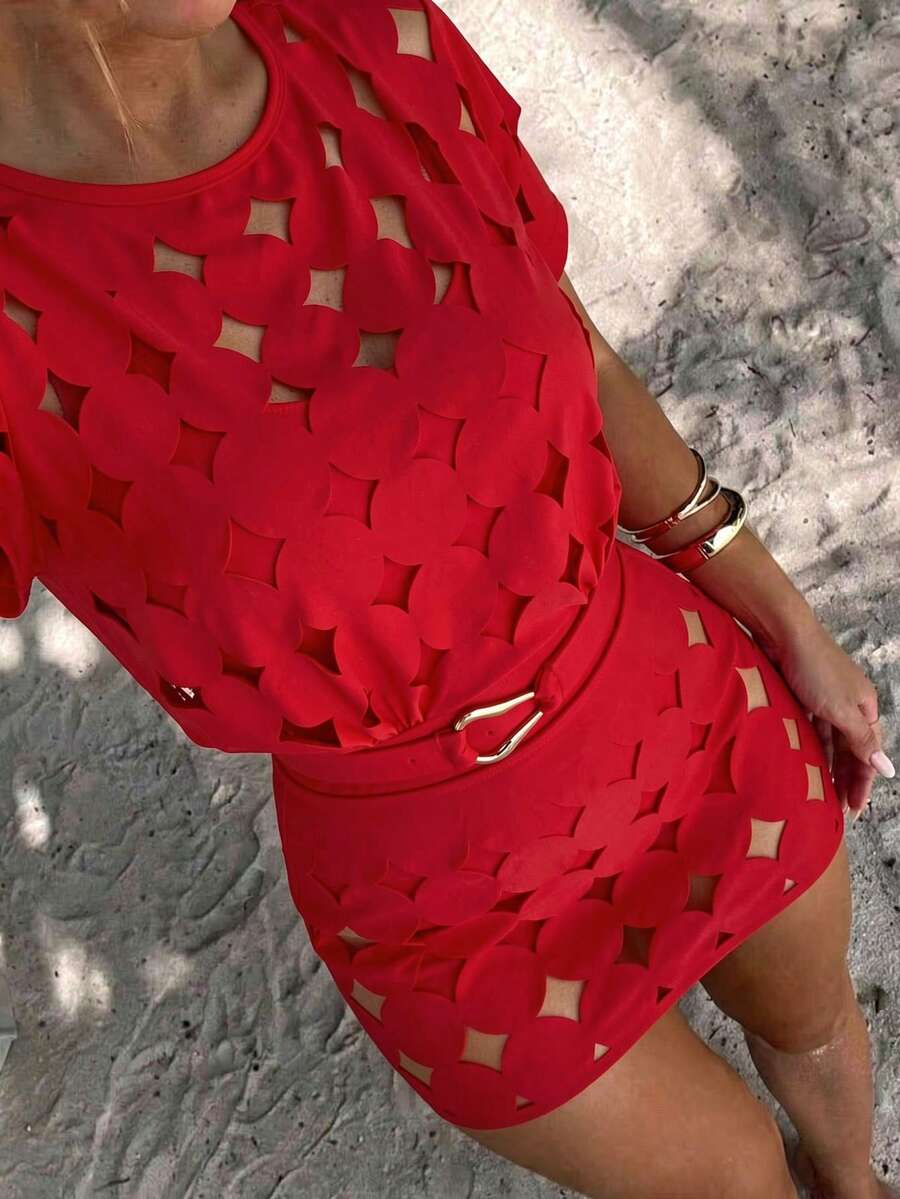 Swim Oasis Hollow Out Solid Color Round Neck Women's Belt Set Premium - Red - View 1