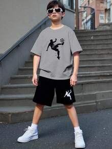 SHEIN 青少年男孩寬鬆街頭風短袖短褲套裝，適合生日派對、晚宴、表演、婚禮、洗禮、開幕典禮，日常穿著、上學、旅行、運動，適合作為春夏季穿搭 - 灰色 - 查看 7