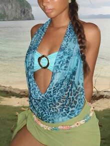 Aloruh New Leopard Print Sexy Cowl Neck Halter Modern Metal Decor Backless Tank Top - Teal Blue - View 9