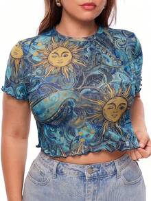 Solavibe Plus Size Women's All-Over Print Casual Versatile Daily Wear Short Sleeve Top - Blue - View 6