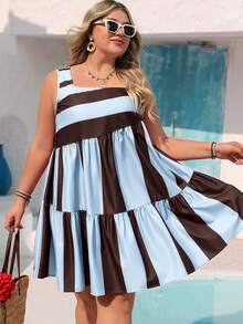 Vivid Eden Plus Size Women's Vacation Navy Blue Square Neck Casual Boho Sleeveless Dress Beach Vacation Summer - Baby Blue - View 1