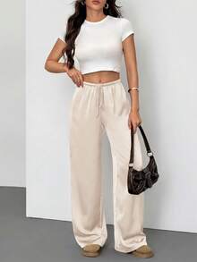 SHEIN Tall 女款低腰休閒復古緞面百搭棕色梅納色長裙，適合高個女性 - 米色 - 查看 5