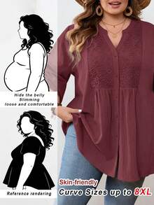 SHEIN CURVE+ 大尺碼 US22 音樂節海邊度假波西米亞休閒純色蕾絲拼接前扣寬鬆襯衫 - 酒紅色 - 查看 2