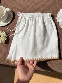 Comfortcana Women's Summer Casual Colorblock Trim Embroidered Shorts - White - View 7