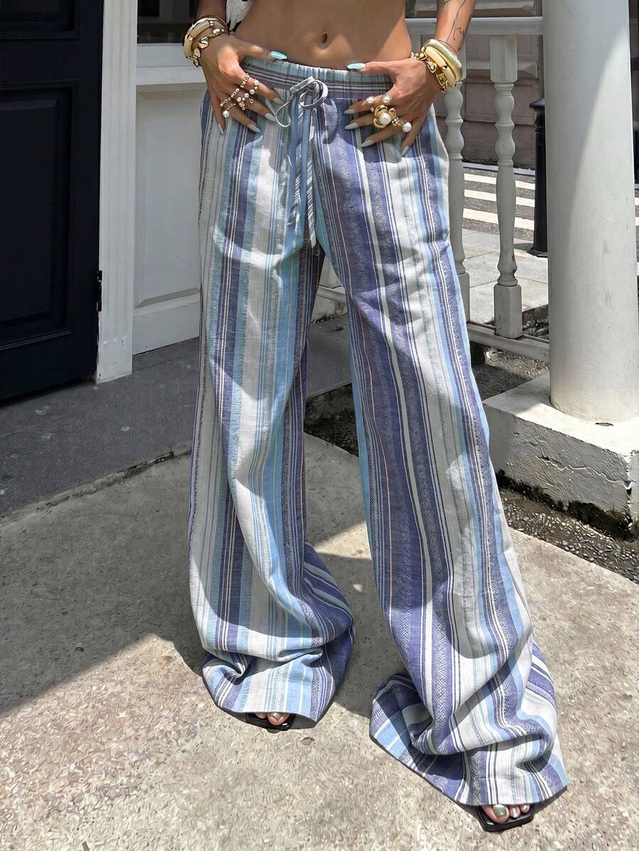 Glamine Women's High-Waist Striped Linen Wide Leg Pants, Beach Vacation Casual Countryside Style, Elegant And Natural, Random Floral Pattern, Summer Fall Women Clothes Back To School, Tall Women - Blue - View 1