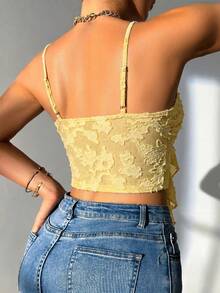 Femesol Women's Asymmetric Ruffle Mesh Patchwork Cutout Front Tie Camisole - Yellow - View 2