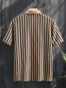 Manfinity Homme 男士条纹印花纽扣休闲短袖Polo衫 - 卡其色 - 查看 2