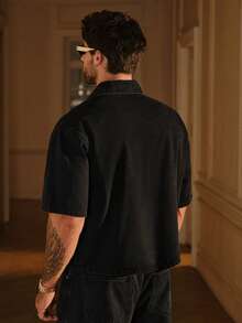 SIGLOCORE Men's Solid Color V-Neck Washed Black Short Sleeve Top - Black - View 2