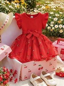 SHEIN Vestido elegante y dulce de punto acanalado rosa con manga corta de casquillo para niñas bebé, con vestido de malla floral 3D y cinturón de cintura, lindo conjunto elegante de verano para vacaciones y fiestas - Rojo - Ver 3