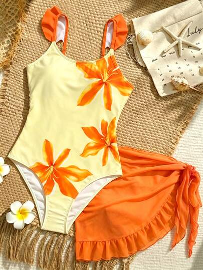 SHEIN Tween Girls Floral Printed One-Piece Swimsuit With Knot Orange Skirt Set, Elevated Style For Summer Holiday & Beach