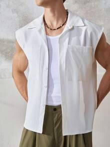 TONEVAULT Men's Pleated Loose Pocket Sleeveless Shirt - White - View 5