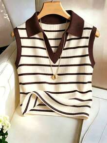 Camiseta de tirantes de punto con cuello y rayas elegante y casual para mujer - Marrón - Ver 3