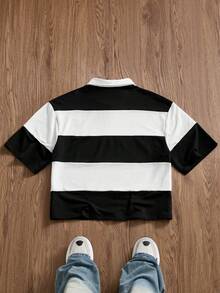 SWAVVY Men's Summer Casual Loose Fit POLO Shirt Standard Size Black And White Color Block Patchwork Half-Zip Embroidered - Black and White - View 5