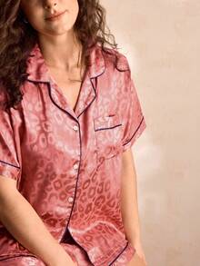 Charlaine Plus Leopard Jacquard Contrast Piping Satin PJ Set / Pajama Set - Rusty Rose - View 6