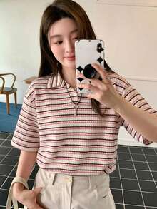 DAZY 女款 Polo 領鈕扣短袖條紋針織休閒 T恤 - 彩色 - 查看 4
