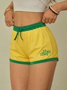 Girlism Kids Teen Girls' Printed Fitted Sports Shorts,Pastel Yellow Summer Gym Workout,Suitable For Outdoor Activities,Walking,Yoga,Casual Street Style - Yellow - View 2