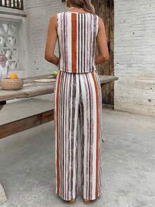 EMERY ROSE Women's Round Neck Striped Patchwork Top And Wide Leg Pants Casual 2 Pieces Set - Multicolor - View 2