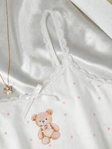 SHEIN Tween Girl Simple Floral Pattern Ribbon Bow Lace Trim Camisole Tank Top And Shorts Comfortable Casual Pink Slim Fit Pajama Set 2pcs - Multicolor - View 3
