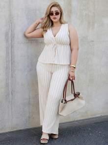 CHERRY TINTT SELECTION Plus Size Casual Vacation Striped Sleeveless A-Line Dress Shirt And Straight Leg Casual Pants 2 Pieces Set Elegant Summer - Apricot - View 1