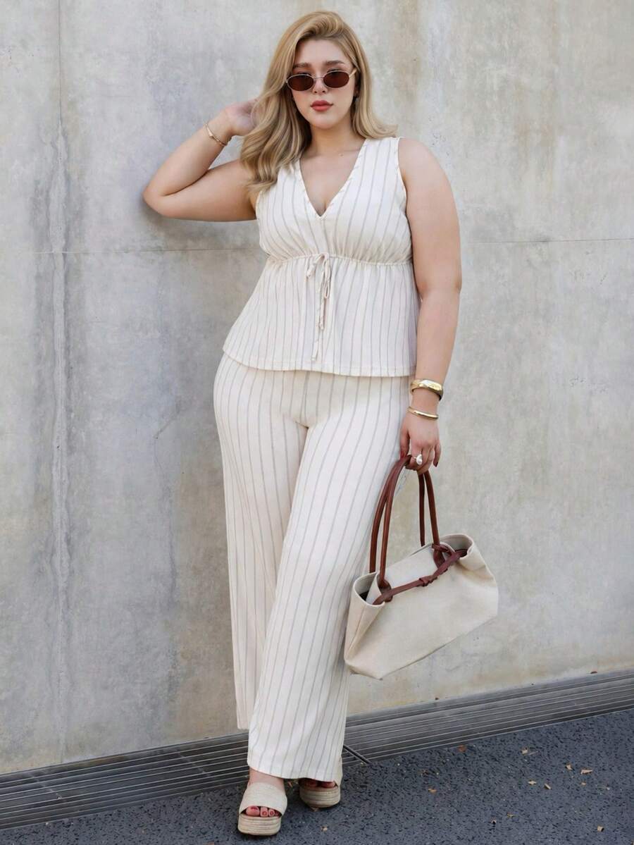 CHERRY TINTT SELECTION Plus Size Casual Vacation Striped Sleeveless A-Line Dress Shirt And Straight Leg Casual Pants 2 Pieces Set Elegant Summer - Apricot - View 1