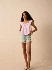 SHEIN Frenchy Women's Square Neck Cap Sleeve Ruffle Trim Summer Striped Butterfly Print Blouse - Multicolor - View 6