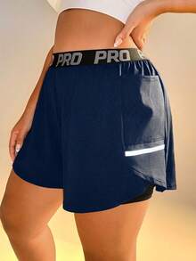 SHEIN Rhythm Era Women's Letter Waistband Pocket Double Layer Sports Shorts - Royal Blue - View 5