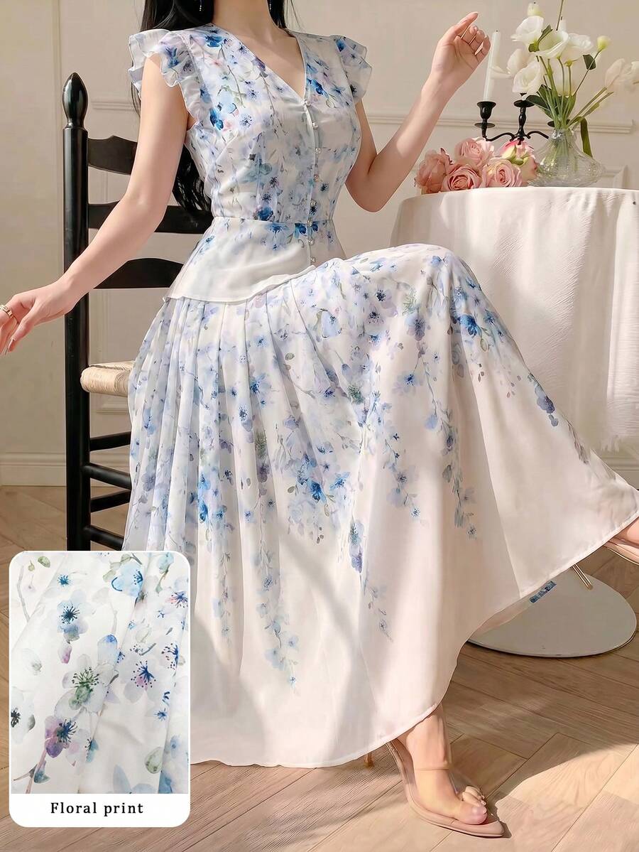 Modelyn 女款法式花卉印花荷葉邊飛袖上衣與高腰喇叭裙兩件套，度假風穿搭 - 藍色 - 查看 1