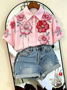 SHEIN Franclia Women's Summer Casual Loose Fit Short Sleeve Shirt With Beaded Floral Rhinestone Print, Positioned Cuffs And Turn-Down Collar, Pink, For Daily Commute, Travel, Vacation, Dating, Photography, Gathering, Dining, Camping, Birthday, Office Wear - Multicolor - View 1