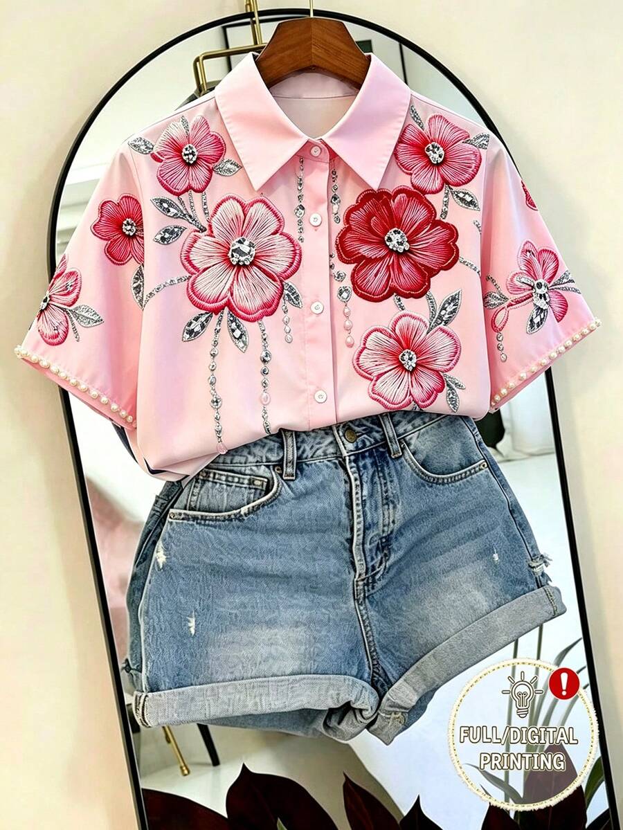 SHEIN Franclia Women's Summer Casual Loose Fit Short Sleeve Shirt With Beaded Floral Rhinestone Print, Positioned Cuffs And Turn-Down Collar, Pink, For Daily Commute, Travel, Vacation, Dating, Photography, Gathering, Dining, Camping, Birthday, Office Wear - Multicolor - View 1