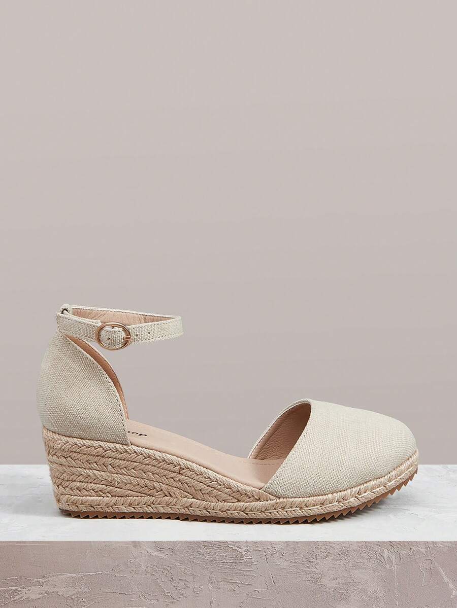 Styleloop 女士坡跟厚底鞋 春夏新款 增高显瘦 包头低帮设计 圆头 5.5cm坡跟 舒适高跟 亚麻材质 纯色 女士鞋 日常通勤 购物 约会必备 - 杏色 - 查看 1
