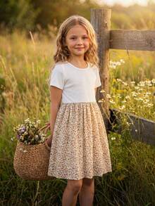 Emery Rose Kids Emery Rose Kids 少女夏季休閒可愛拼接碎花圓領短袖洋裝，海灘度假白色花卉 - 白色 - 查看 9