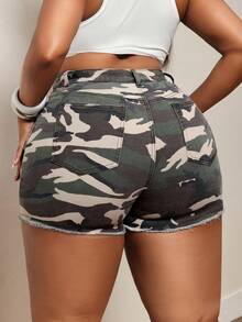 Slaydiva High Waist Tight Fit Printed Camouflage Distressed Plus Size Denim Shorts - Multicolor - View 2