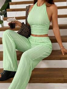 SHEIN EZwear 女士纹理短款褶皱吊带上衣和休闲裤套装 - 薄荷綠 - 查看 5