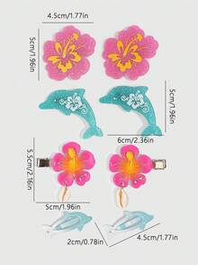 ROMWE Fairycore 8PCS Summer Tropical Flowers & Cute Dolphin Hair Clips, Hibiscus Hair Barrettes, Leisure Bangs Clips & Broken Hair Pins For Summer Vacation - Multicolor 5 - View 2