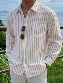DAZY Spring White Striped Long Sleeve Men's Shirt - White - View 3