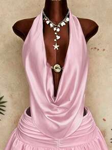 Sunspun Cerise Pink Summer Elwgant Vacation Holiday Satin Metal Buckle Draped Neck Tie Camisole Top&Printed Pleated Double Layer Hem Mini Skirt 2pcs Outfit - Pink - View 8