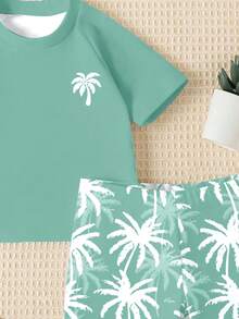 SHEIN Baby Boy Casual Simple Slim Fit Round Neck Short Sleeve Shorts Swimsuit Set Suitable For Summer - Multicolor - View 6