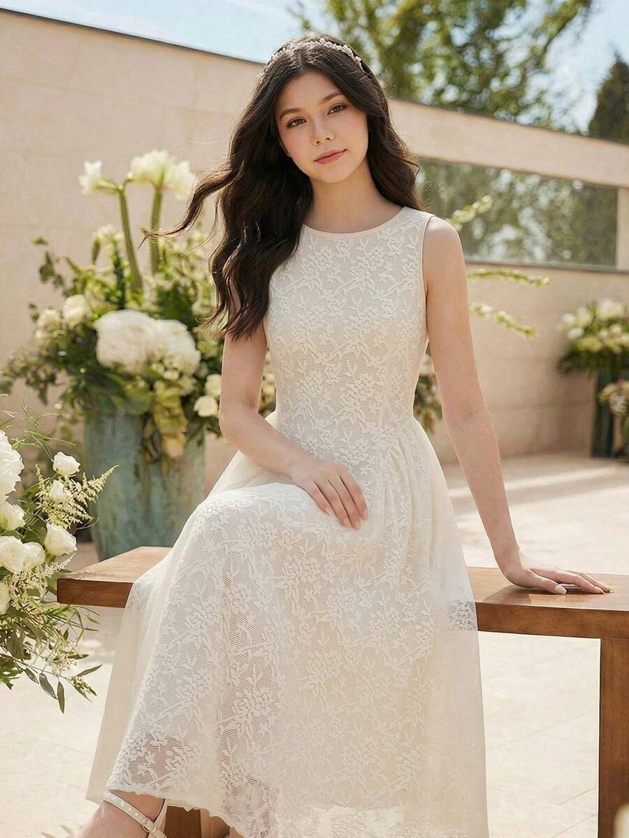 SHEIN 1件青少年女孩夏季新款優雅針織提花圓領無袖收腰拼接下擺喇叭修身洋裝休閒日常出遊派對宴會禮服 - 白色 - 查看 1