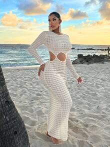 SHEIN SXY 海灘女性性感連衣裙沙灘服海灘女裝海灘度假女裝透視杏色長款沙灘裙 - 杏色 - 查看 6