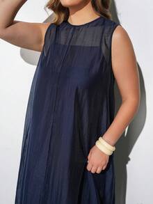 Maija Plus Size Women's Long Dress,Navy Blue Elegant Vacation Round Neck Sleeveless Loose Fit Soft Woven Fabric Modern Chic Office Autumn Outfit Halloween - Navy Blue - View 6