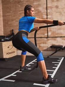 Powerista Colorblock Patchwork High Waist Seamless Sports Leggings - Black - View 5